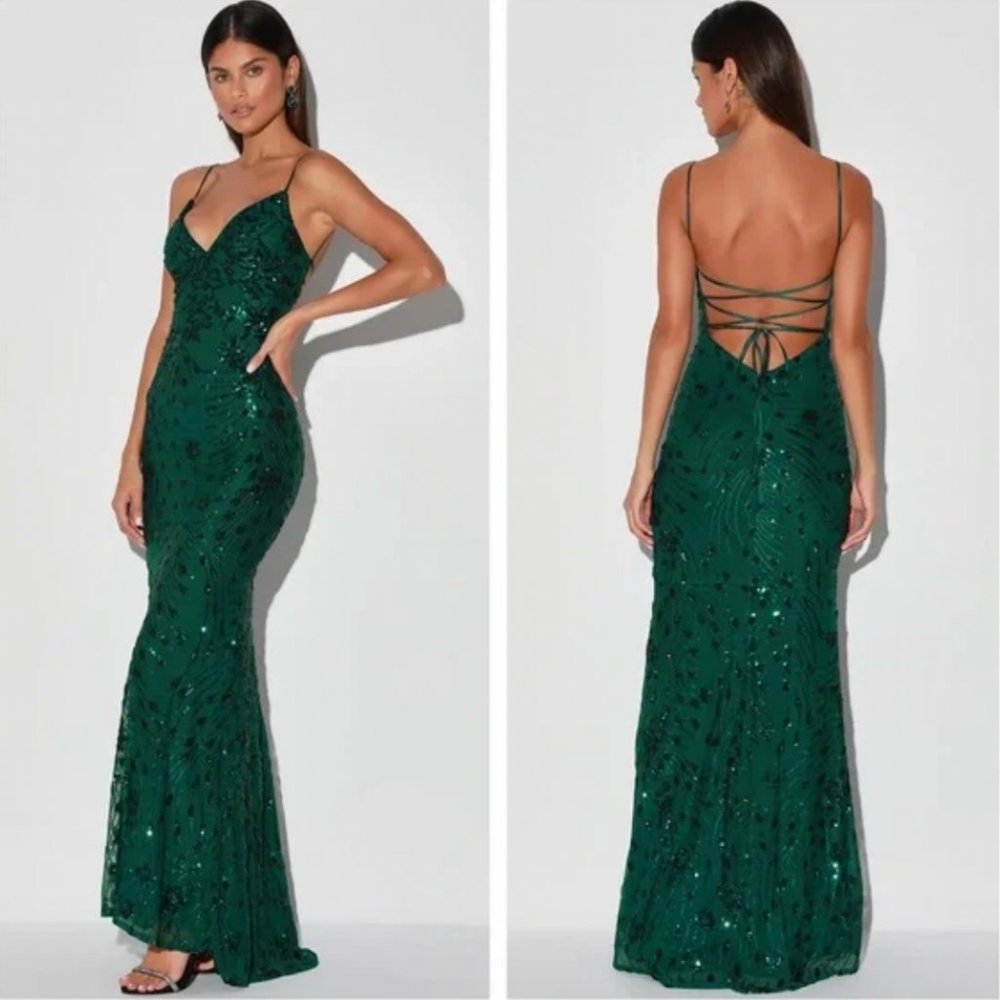 Photo Finish Forest Green Sequin Lace-Up Maxi Dress Lulus